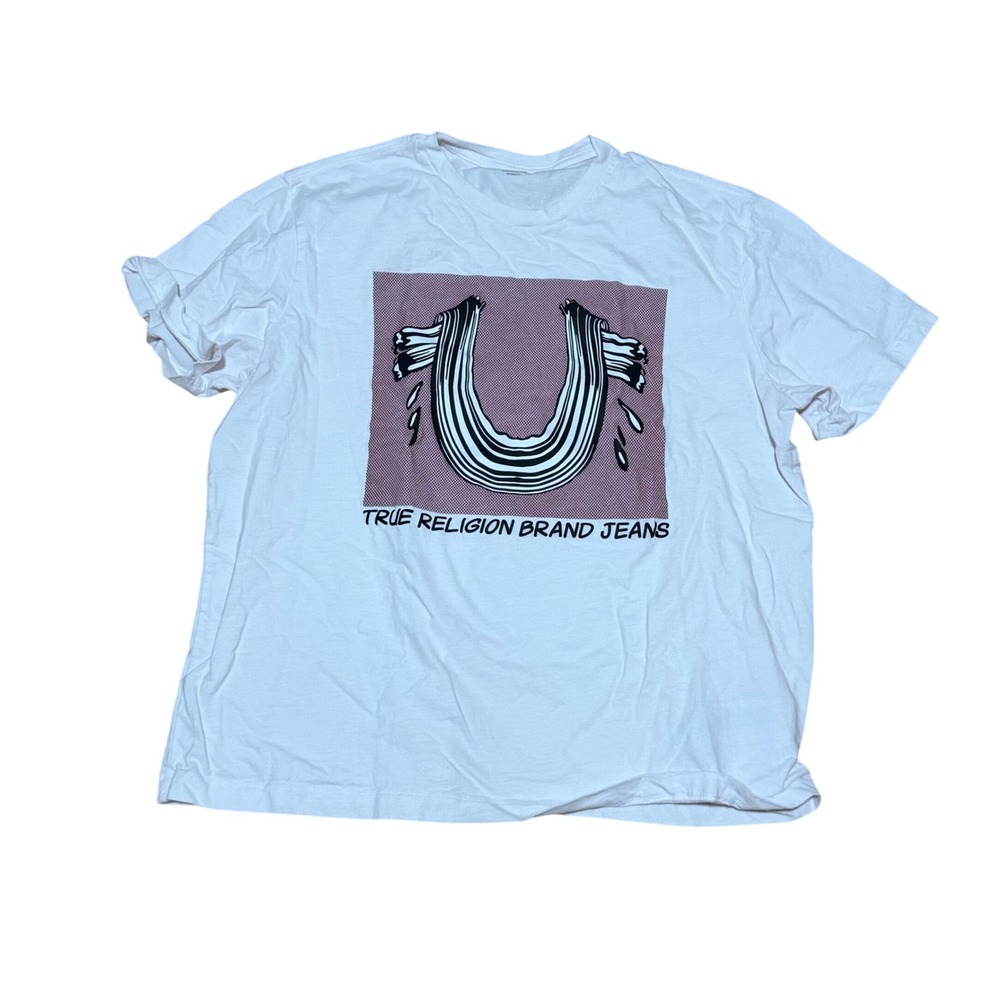 True Religion Womens Graphic T-Shirt White Relaxed Fit Horseshoe Logo Large